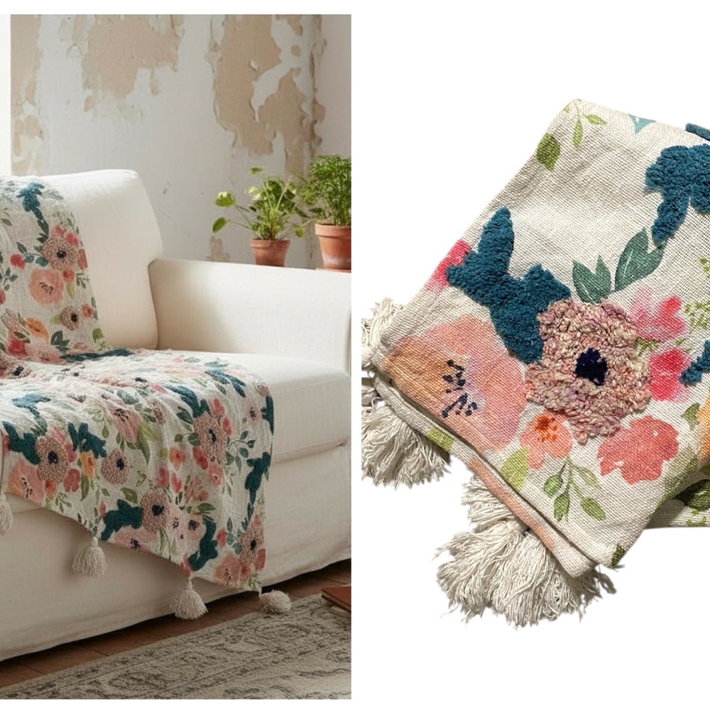 Rachel Zoe Floral Embroidered Throw Blanket 100% Cotton Tassels Boho Shabby Chic